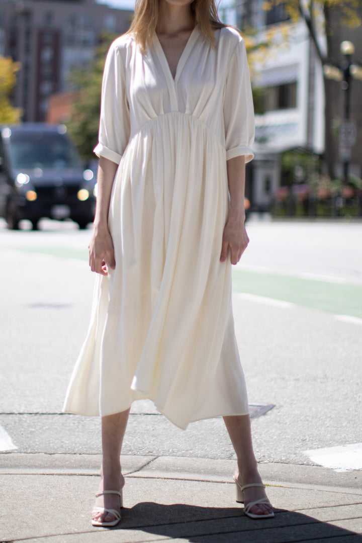 V-NECK MIDI DRESS in Cream — alternate angle
