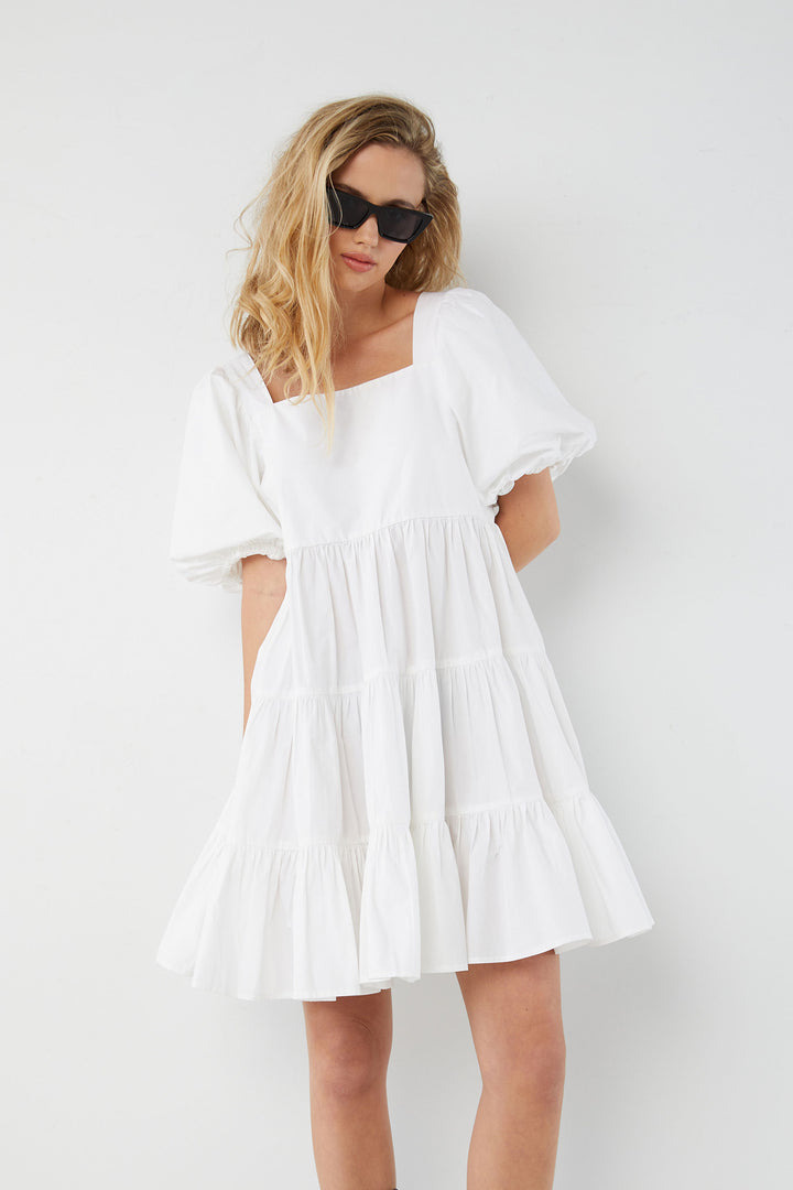 PUFF SLEEVE DRESS in White — alternate angle