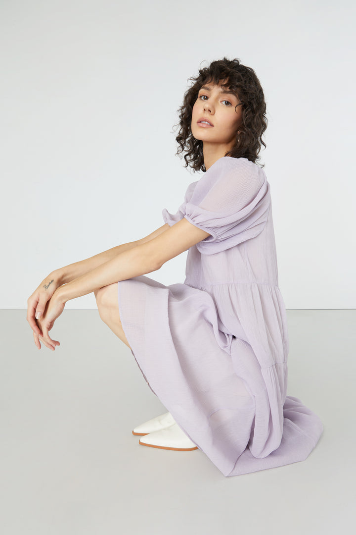 PUFF SLEEVE TIERED DRESS in Iris — alternate angle