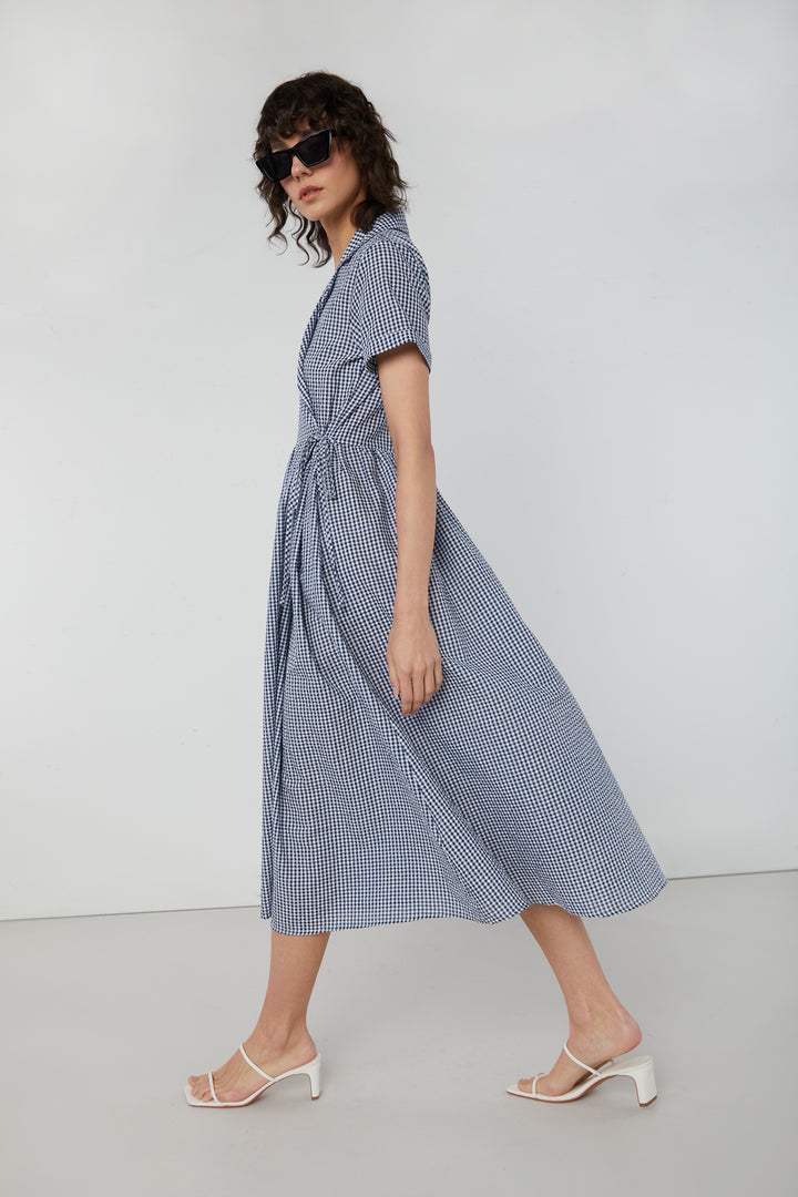 GINGHAM WRAP DRESS in Navy — alternate angle