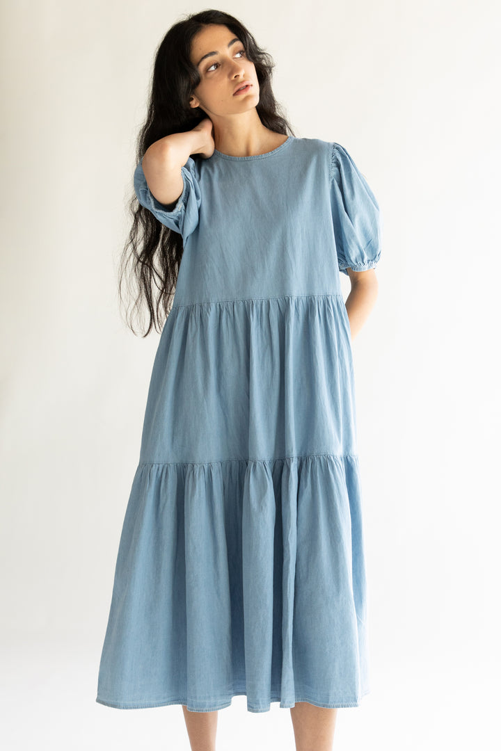 DENIM TIERED MIDI DRESS in Light Wash — alternate angle