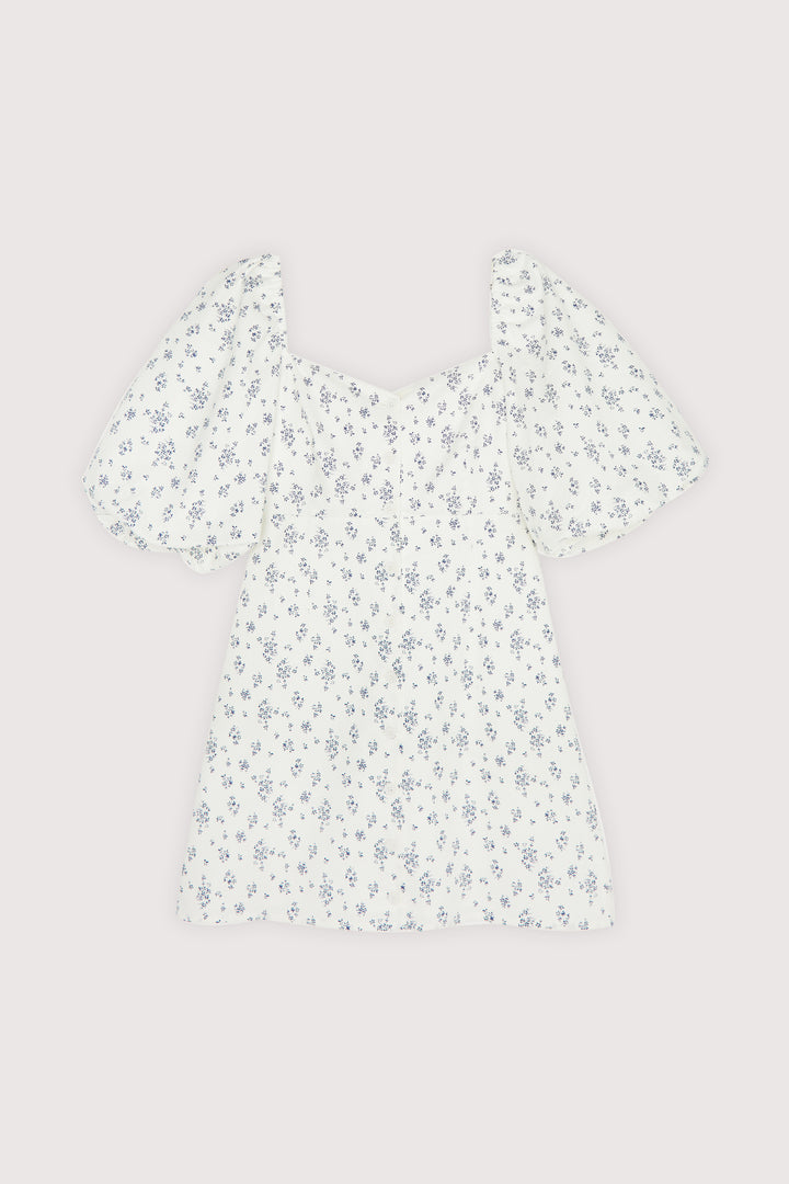 FLORAL PUFF SLEEVE MINI DRESS in Cream Estate Blue — alternate angle