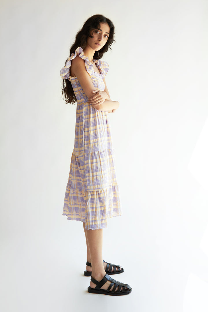 PLAID SMOCKED DRESS in Yellow — alternate angle