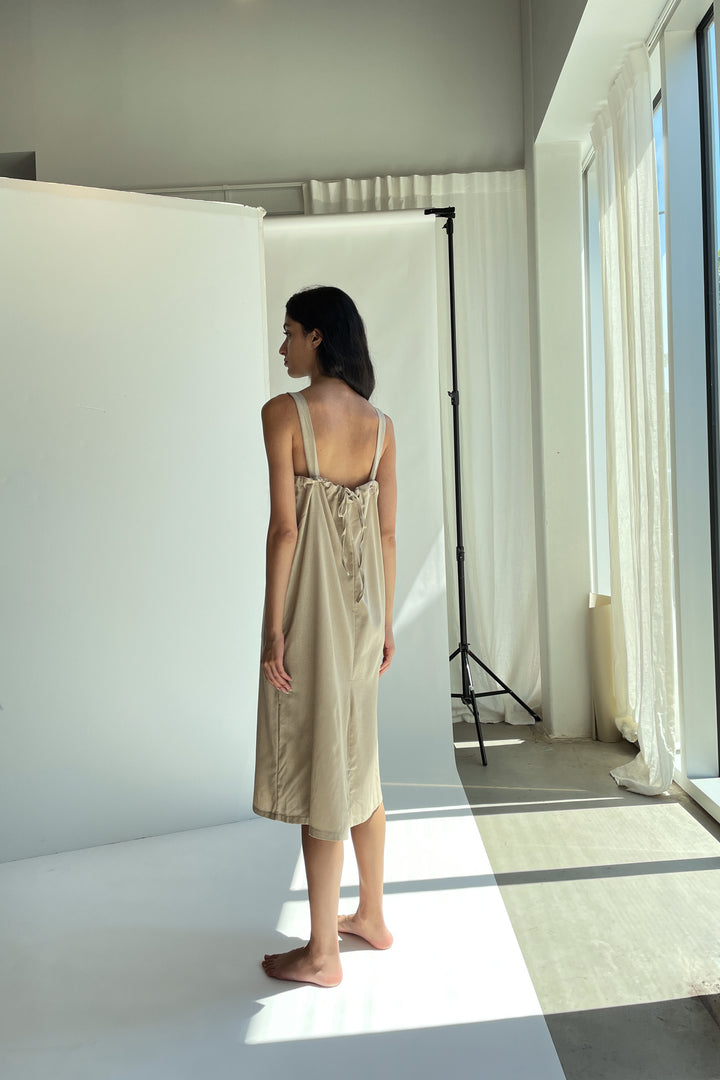 SQUARE NECK MIDI DRESS in Beige — alternate angle