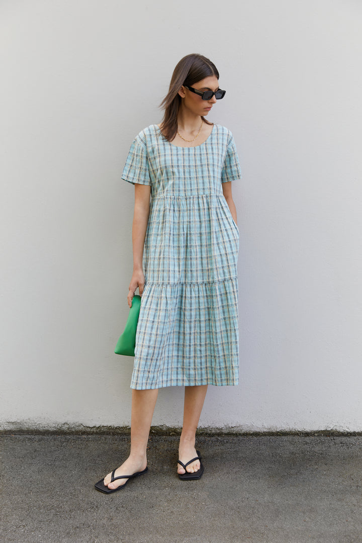 PLAID TIERED MIDI DRESS in Blue Glow Plaid — alternate angle