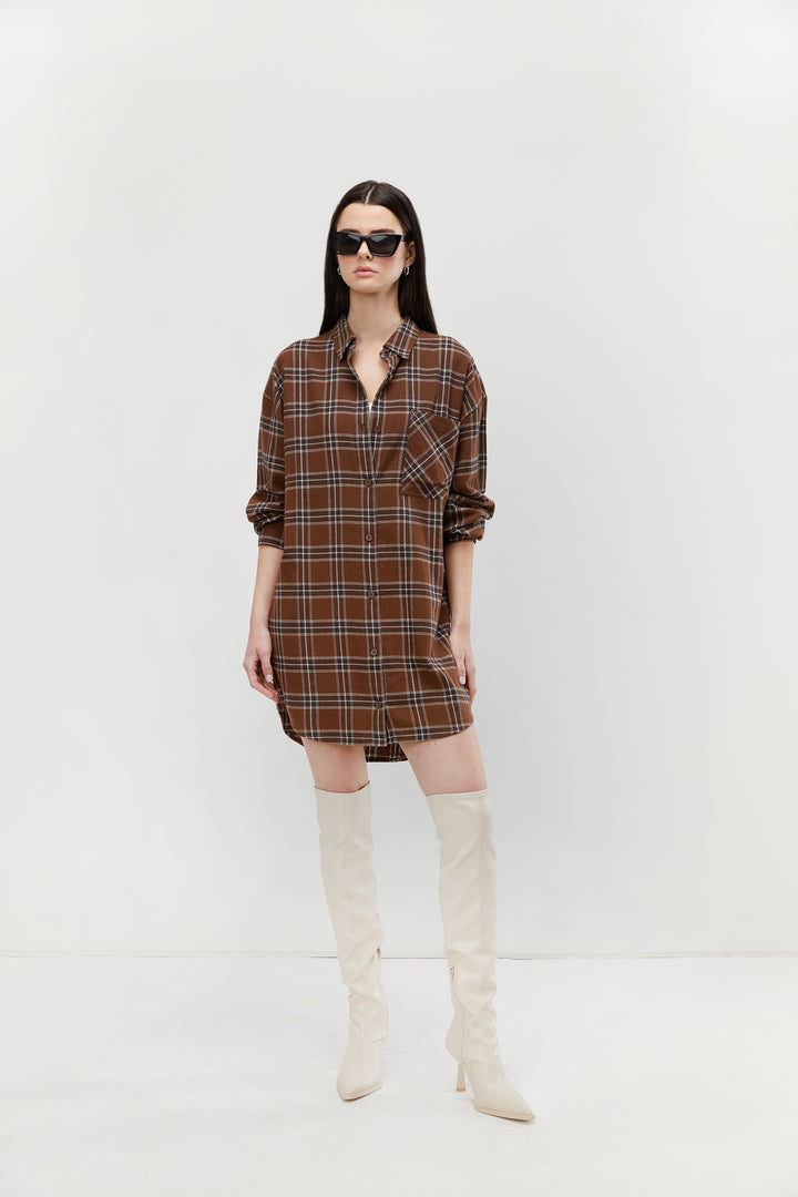 PLAID SHIRT DRESS in Fudge Plaid — alternate angle
