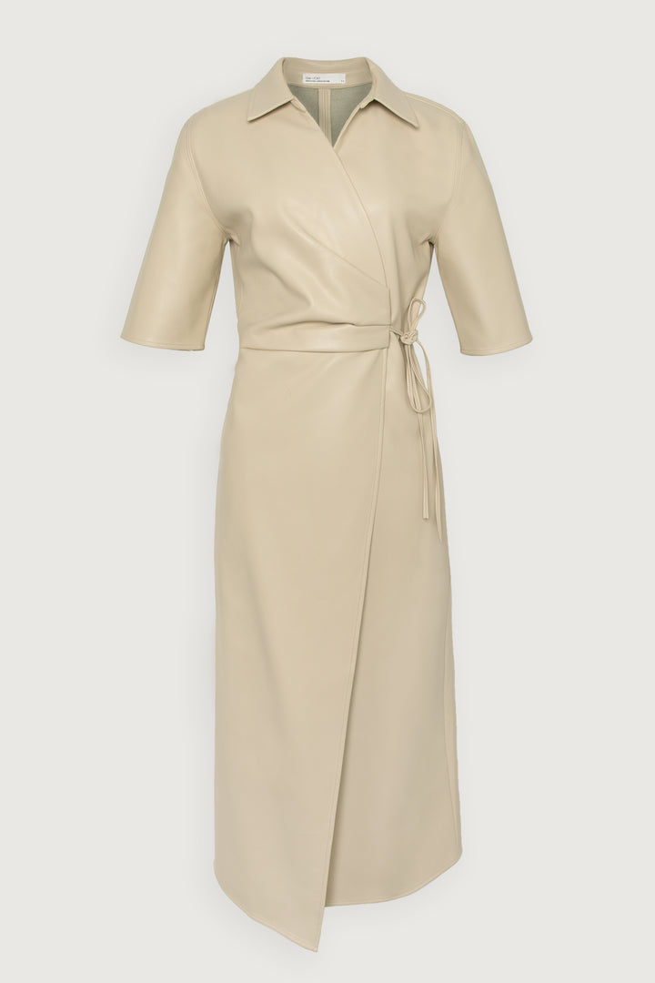 VEGAN LEATHER WRAP DRESS in Brown Rice — alternate angle