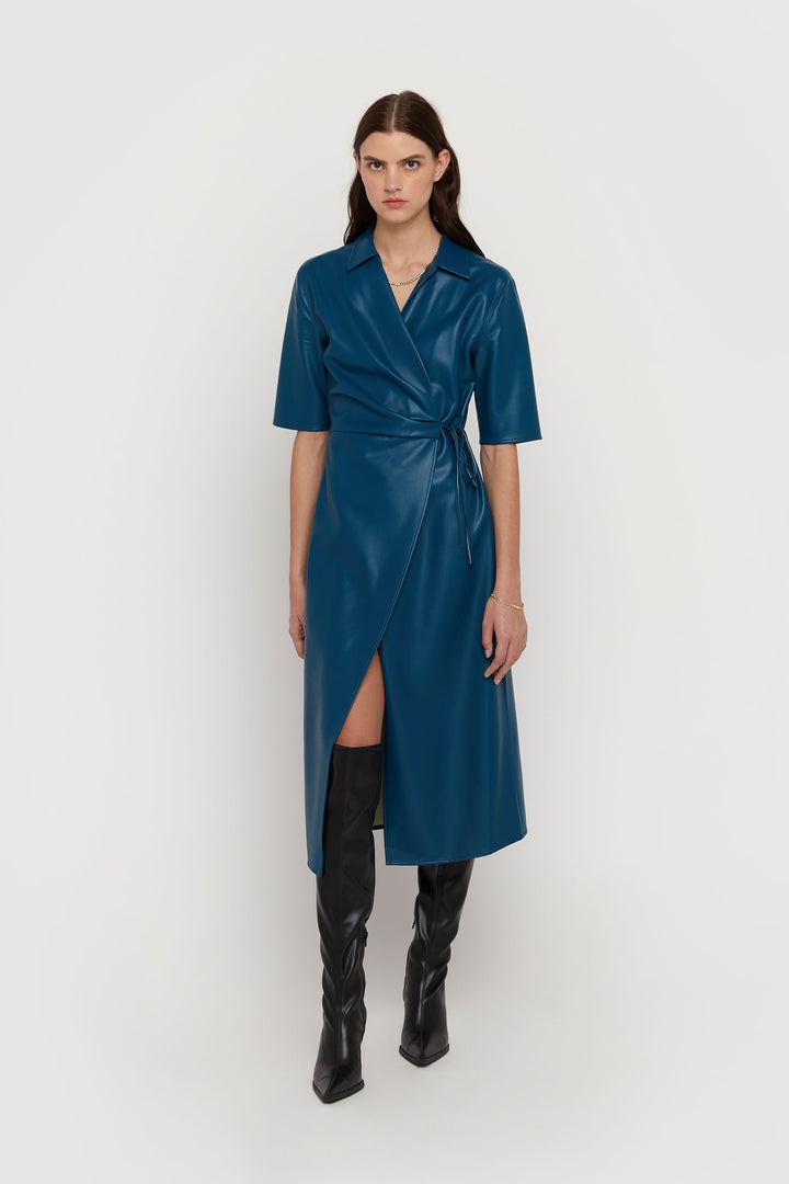 VEGAN LEATHER WRAP DRESS in Legion Blue — alternate angle
