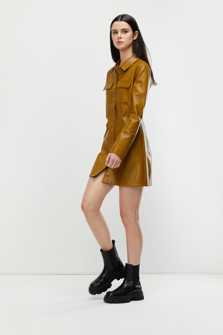 VEGAN LEATHER SHIRT DRESS in Kelp — alternate angle