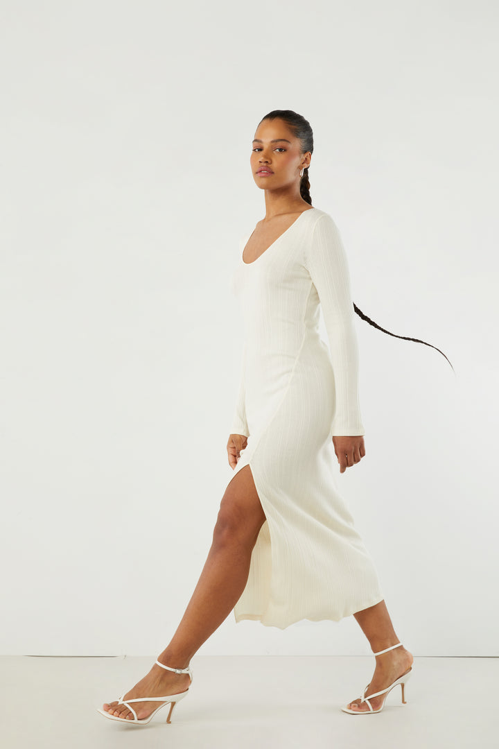 HIGH FRONT SLIT MIDI DRESS in Cream — alternate angle