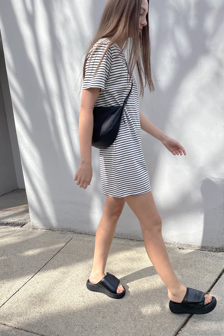 STRIPED T-SHIRT DRESS in Coconut Milk Black Stripe — alternate angle
