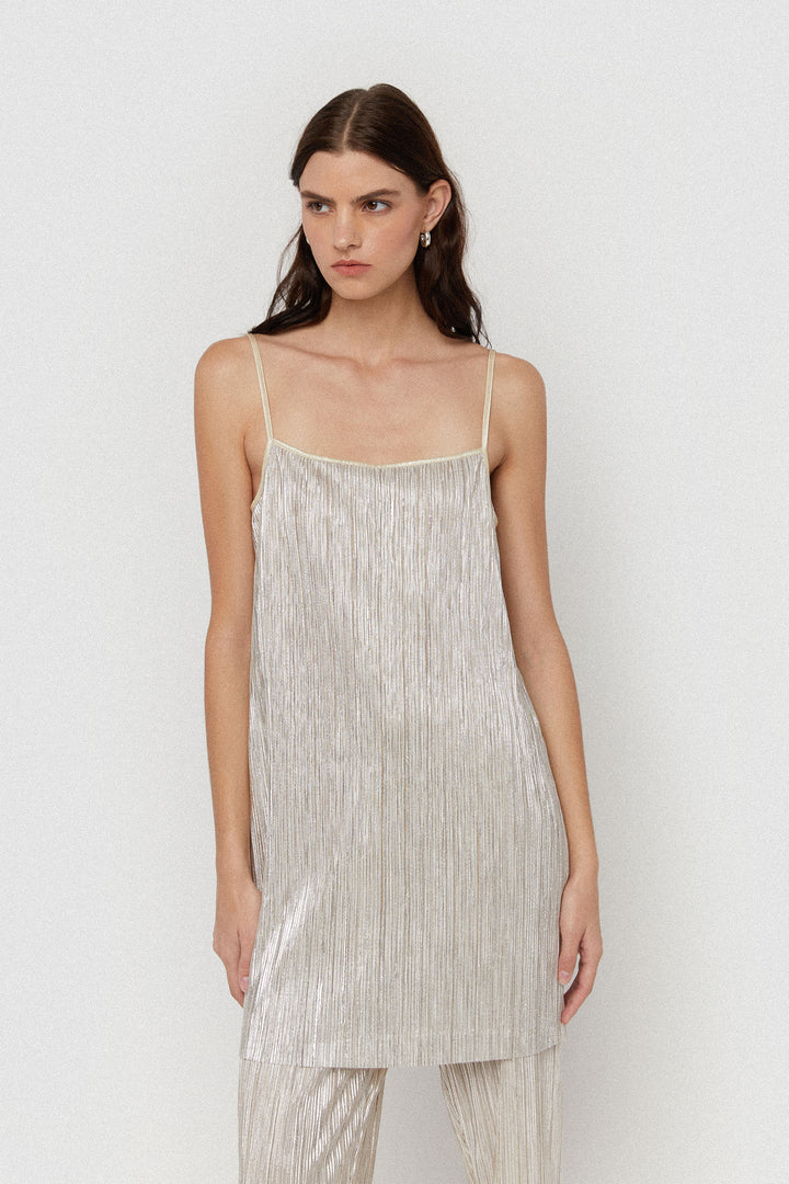 SPARKLY PLEATED MINI DRESS in Champagne — alternate angle