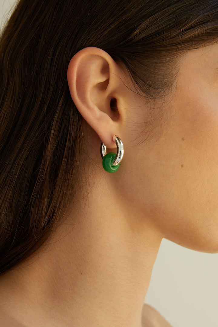 THICK HOOPS WITH GREEN STONE in Silver — alternate angle
