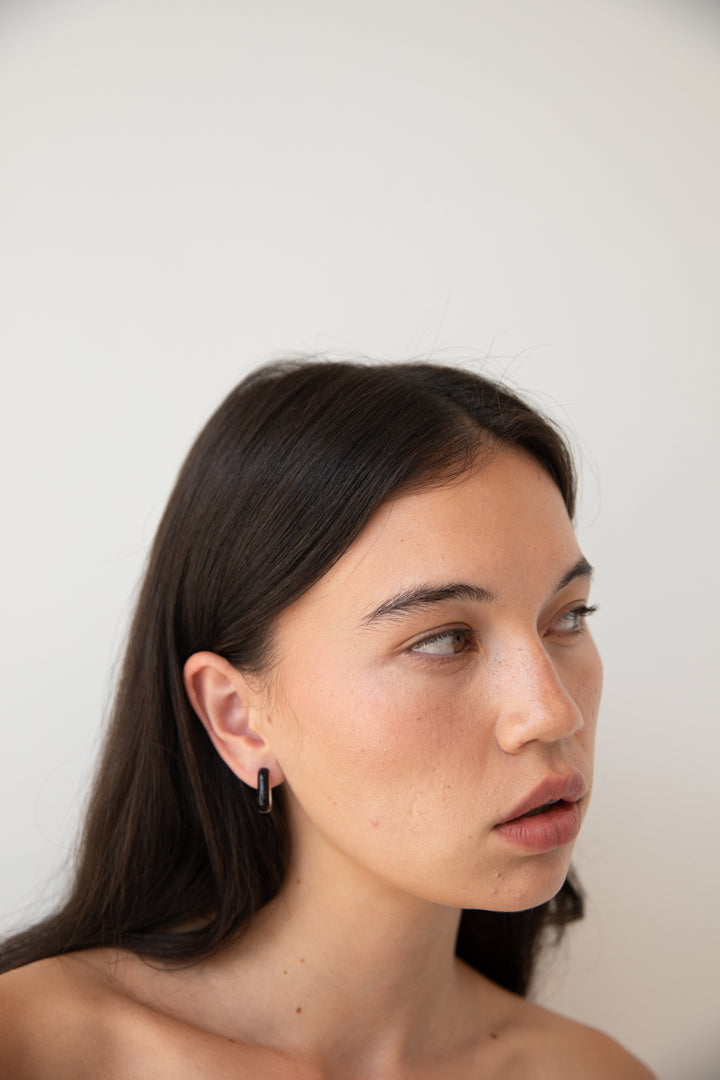 HALF BLACK ENAMEL HOOPS in Silver — alternate angle