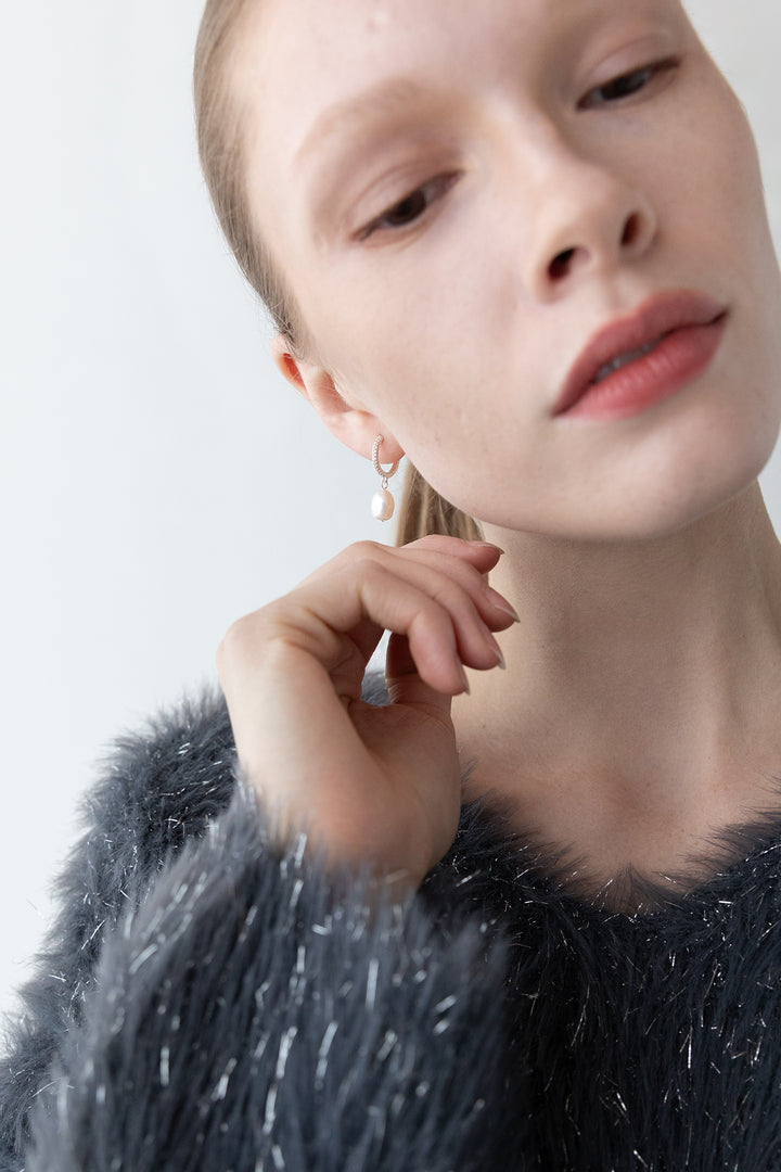 ZIRCONIA HOOPS WITH PEARL DROP in Silver — alternate angle