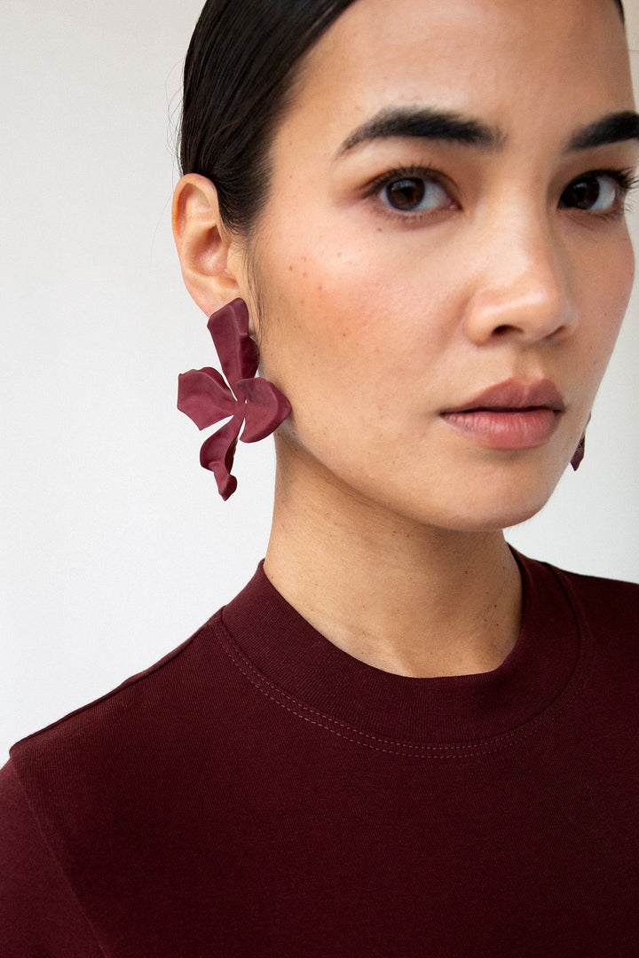 LARGE TEXTURED FLOWER EARRINGS in Burgundy — alternate angle