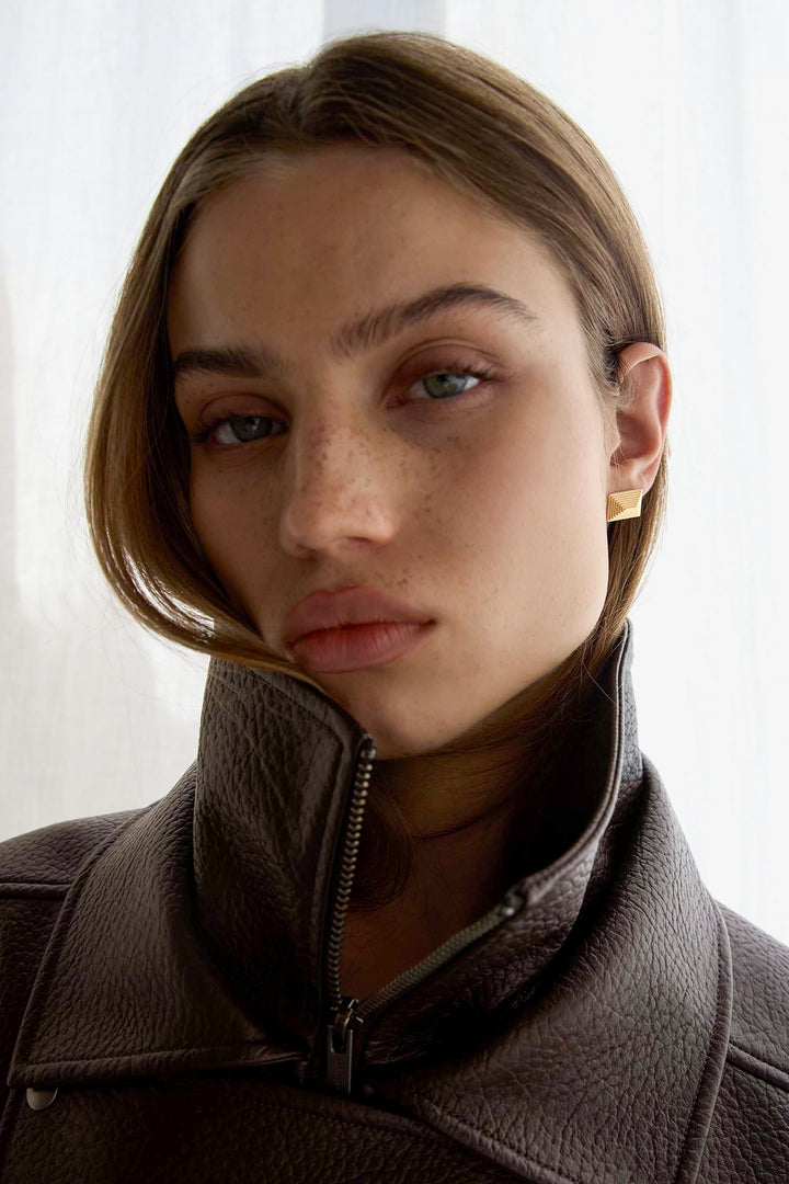 RIDGED STUD EARRINGS in Gold — alternate angle