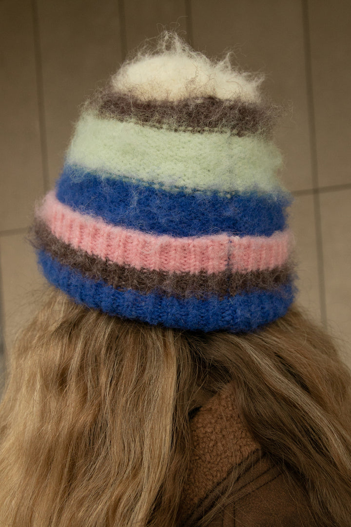 STRIPED BEANIE in Blue Multi Stripe — alternate angle