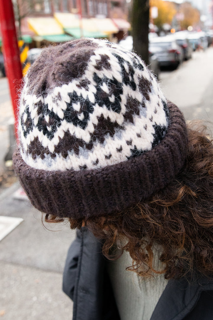 FAIR ISLE PATTERN BEANIE in BLACK MIX — alternate angle