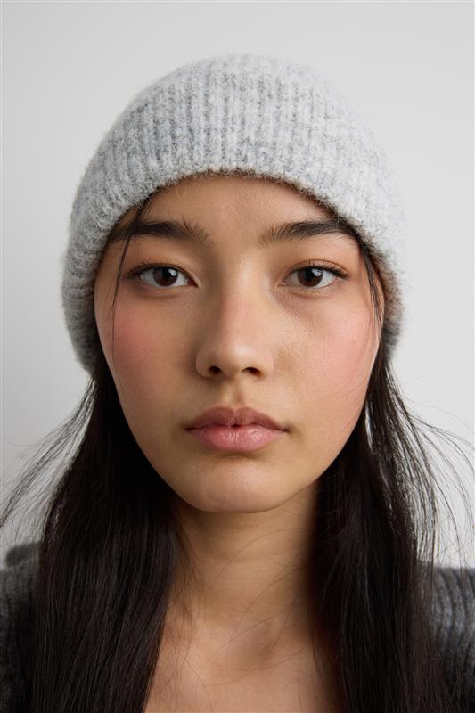 FUZZY RIBBED KNIT BEANIE in Heather Light Grey — alternate angle