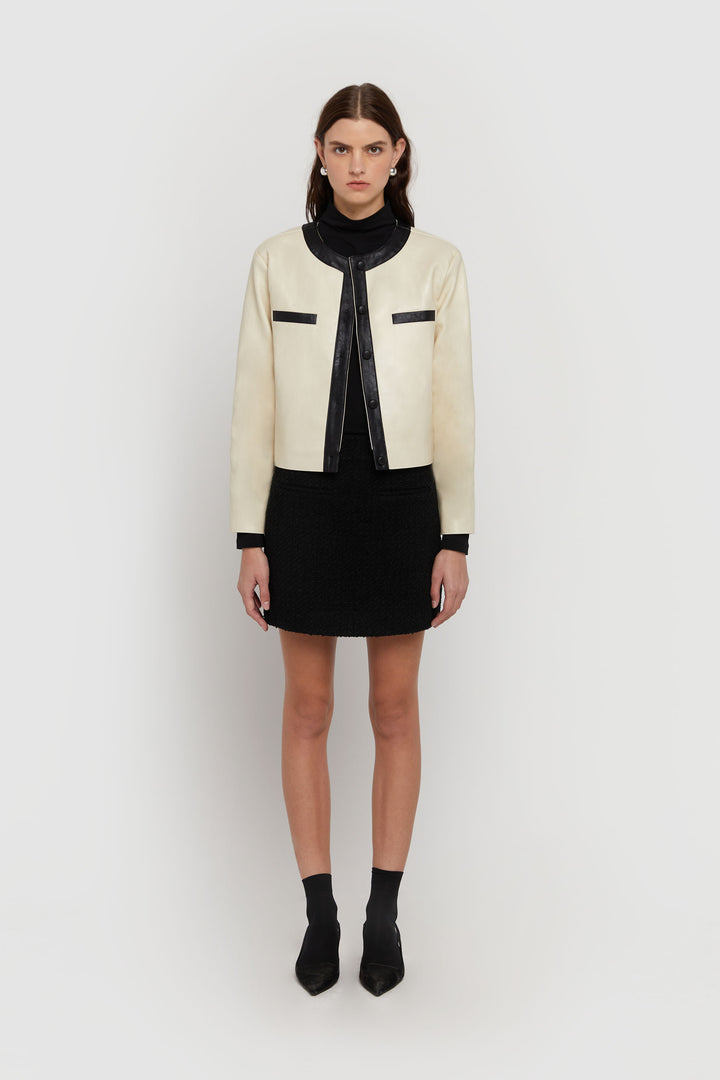 CONTRAST TRIM VEGAN LEATHER JACKET in Cream — alternate angle