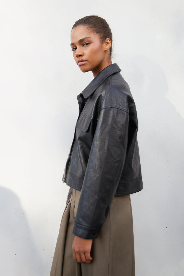 VEGAN LEATHER COLLARED JACKET in Black — alternate angle
