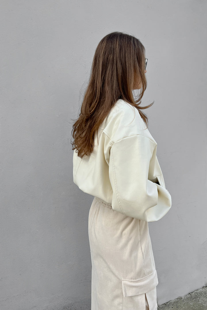 OVERSIZED VEGAN LEATHER BOMBER in Ivory — alternate angle