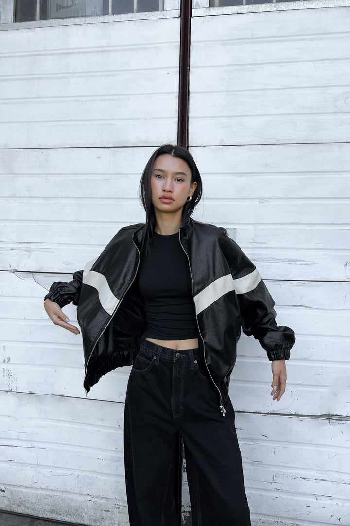 VEGAN LEATHER MOCKNECK RACER JACKET in Black — alternate angle