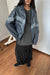 Vegan leather mockneck racer jacket in medium grey — main image