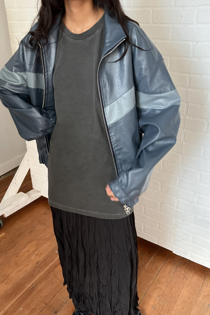 VEGAN LEATHER MOCKNECK RACER JACKET in MEDIUM GREY — alternate angle