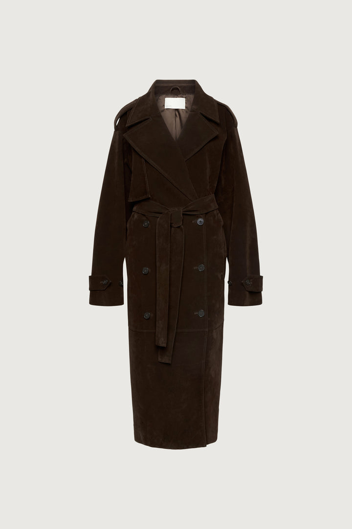 LONG PANELED VEGAN SUEDE TRENCH COAT in Coffee Bean — alternate angle