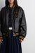 Vegan leather letterman bomber jacket in black — main image