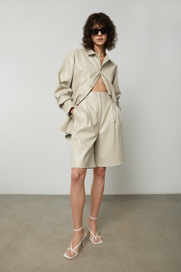 VEGAN LEATHER SHIRT JACKET in Beige — alternate angle