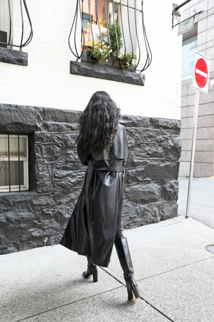 VEGAN LEATHER TRENCH COAT in Black — alternate angle