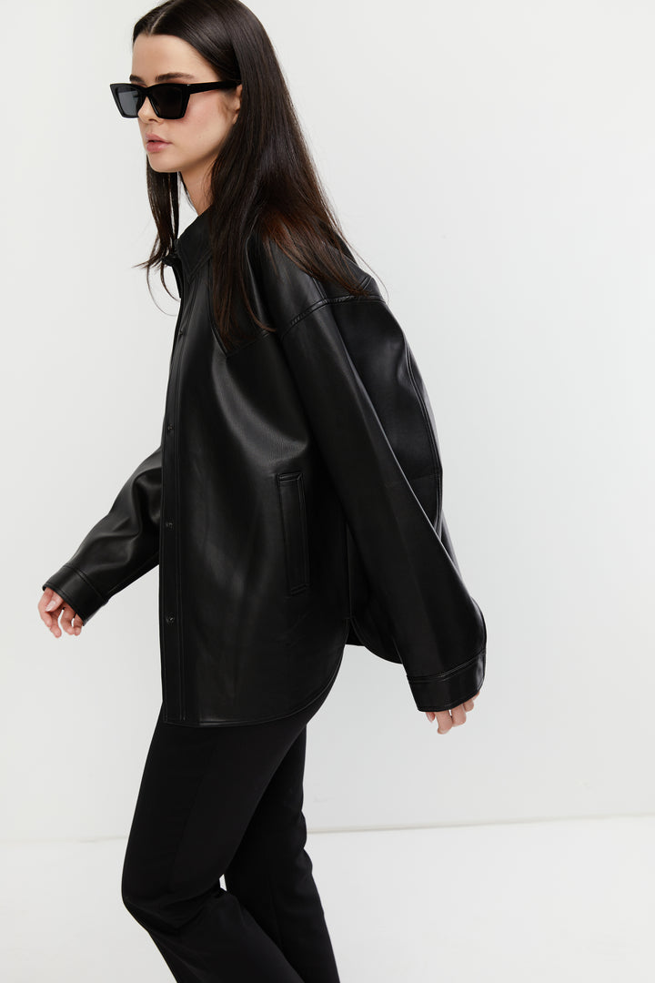 VEGAN LEATHER SHACKET in Black — alternate angle