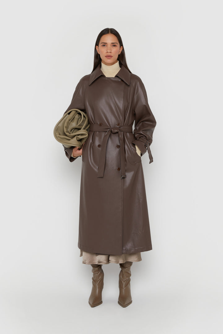 OVERSIZED VEGAN LEATHER TRENCH COAT in Chocolate Brown — alternate angle