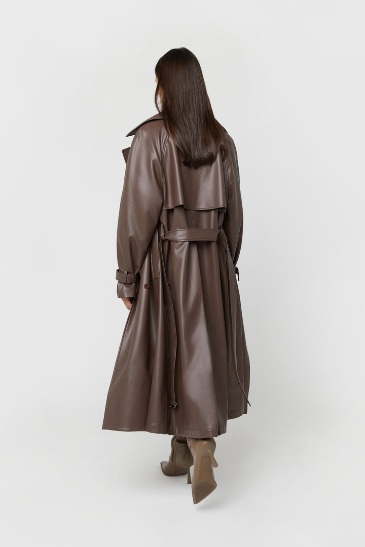 OVERSIZED VEGAN LEATHER TRENCH COAT in Chocolate Brown — alternate angle