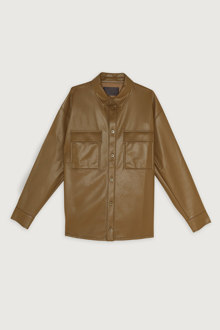 VEGAN LEATHER SHIRT JACKET in Military Olive — alternate angle