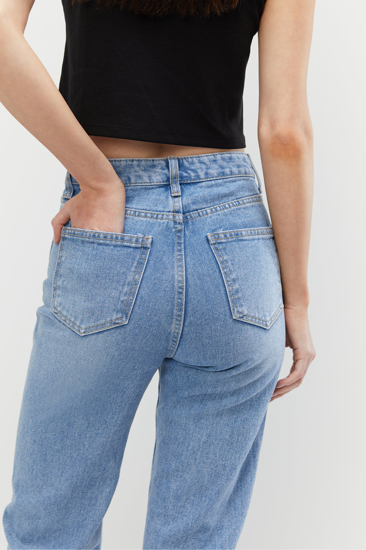 STRAIGHT LEG JEAN WITH SPLIT HEM in Medium Wash — alternate angle