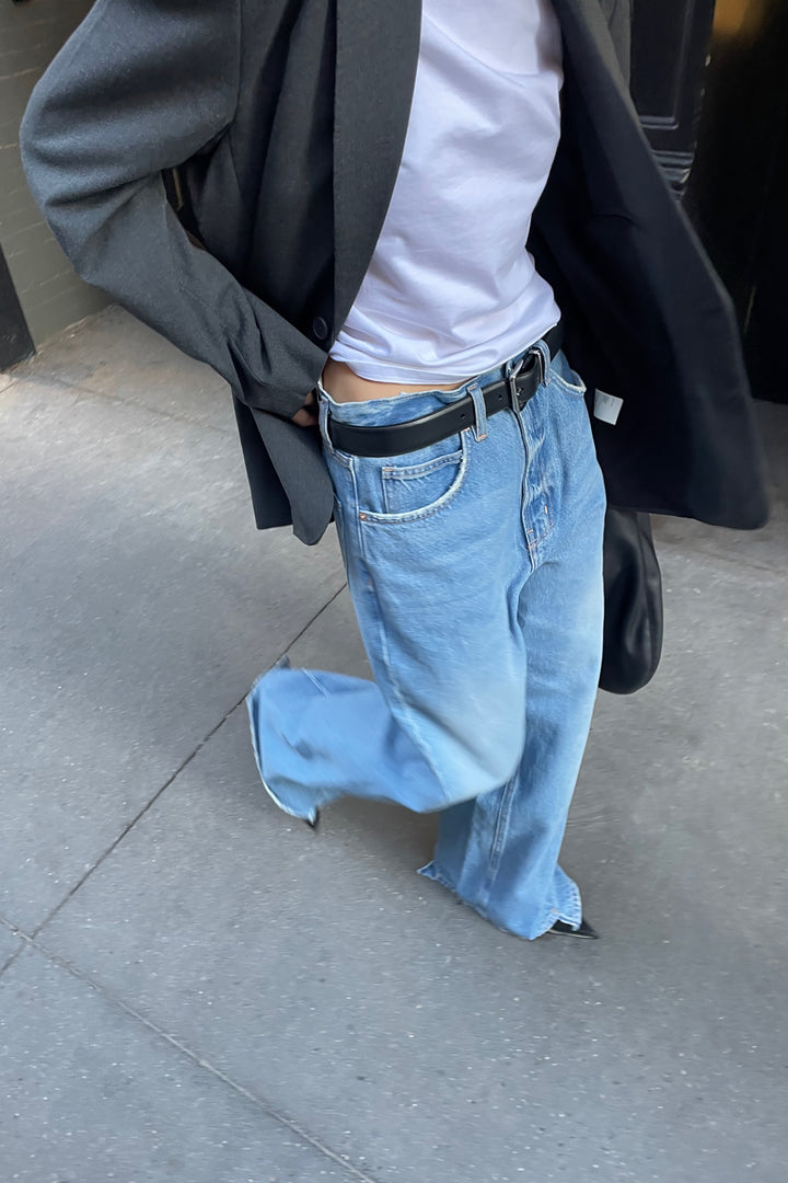 OAK 23 REMIX ASYMMETRICAL HEM HIGH-RISE JEAN in Light Stone — alternate angle