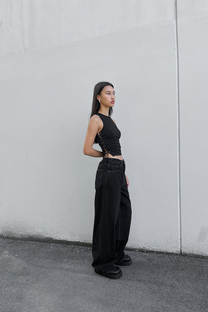 OAK 23 REMIX ASYMMETRICAL HEM HIGH-RISE JEAN in Washed Black — alternate angle