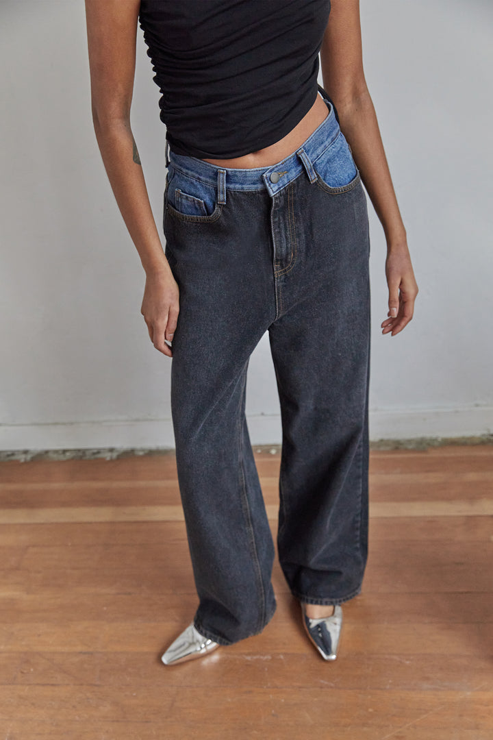 TWO-TONE WIDE LEG JEAN in Black — alternate angle