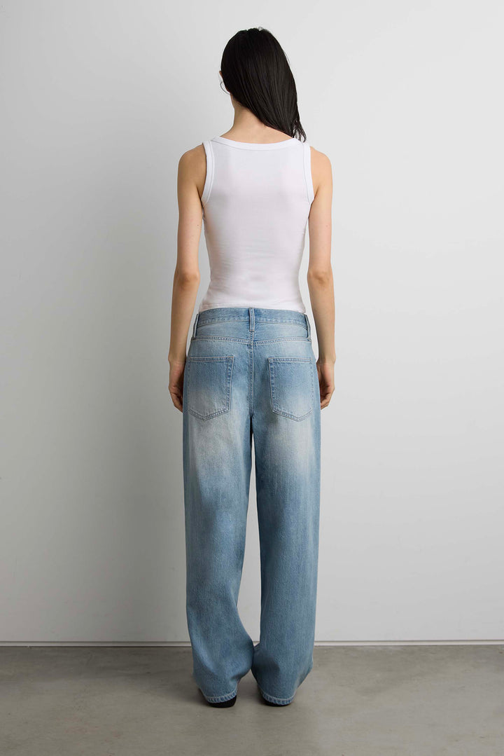LINEN BLEND MID-RISE STRAIGHT LEG JEAN in Medium Blue — alternate angle