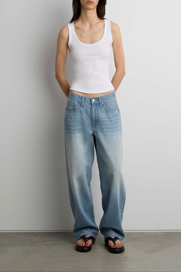 LINEN BLEND MID-RISE STRAIGHT LEG JEAN in Medium Blue — alternate angle