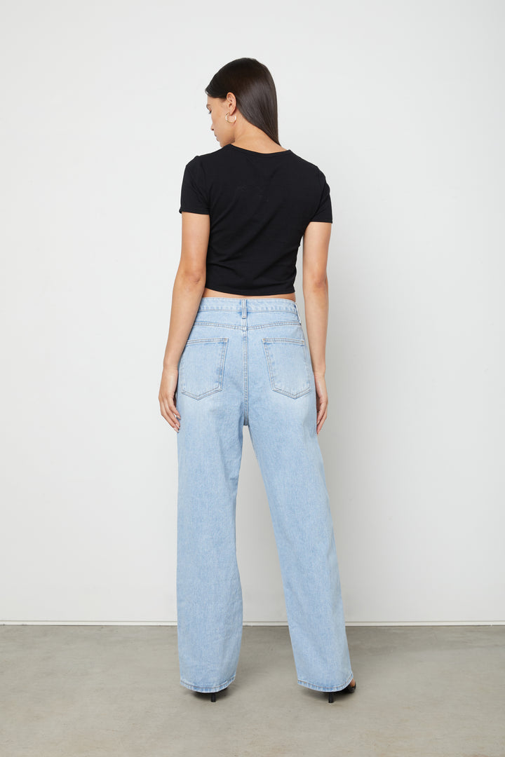 STRAIGHT LEG JEAN WITH CUTOUT in Blue — alternate angle