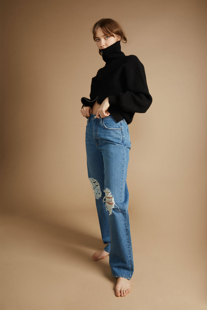 STRAIGHT LEG DISTRESSED JEAN in Vintage Blue — alternate angle