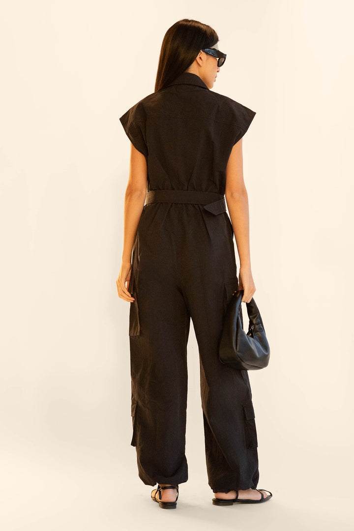 SLEEVELESS CARGO JUMPSUIT in Black — alternate angle