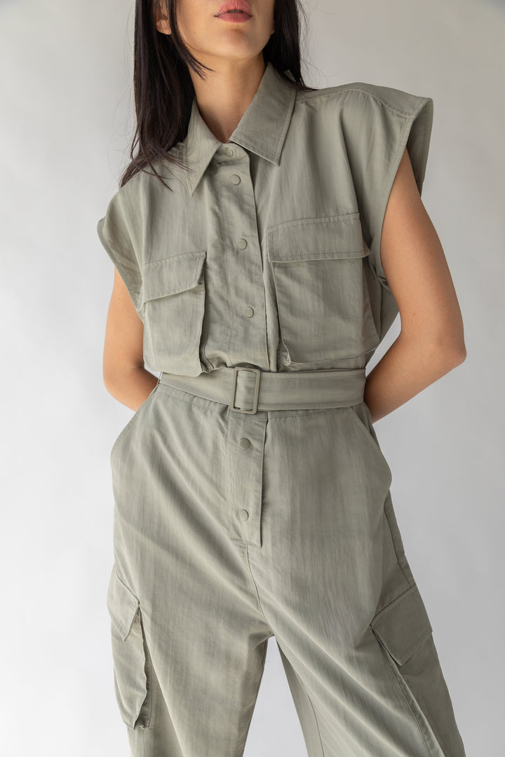 SLEEVELESS CARGO JUMPSUIT in Vetiver — alternate angle