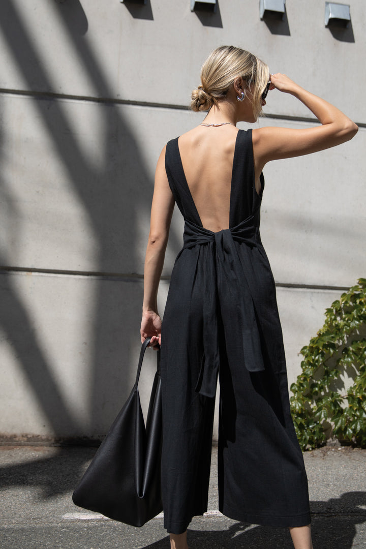 LINEN BLEND JUMPSUIT in Black — alternate angle