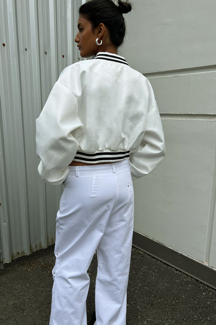 CROPPED VARSITY JACKET in White — alternate angle